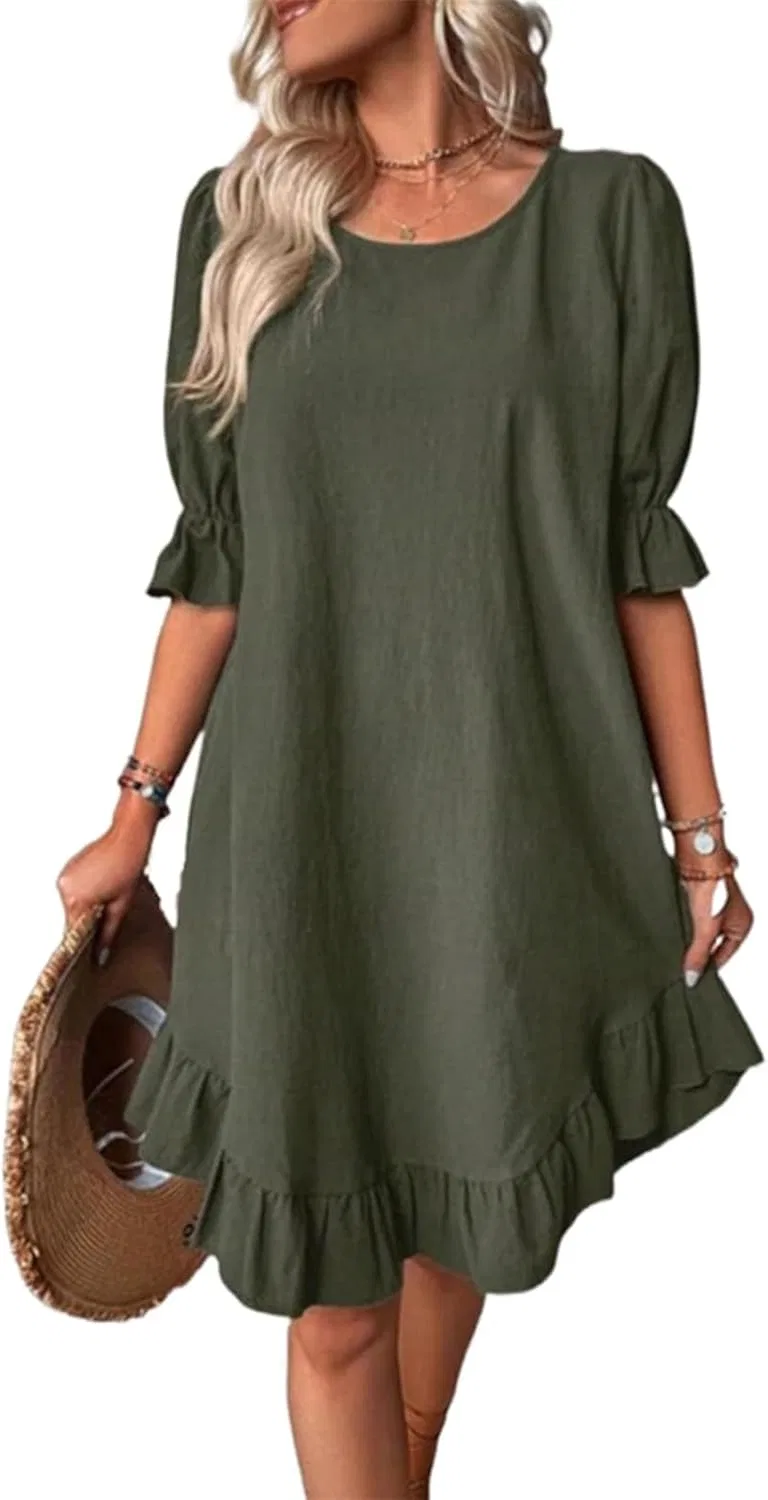 Женское летнее мини-платье с рюшами A-силуэта, Army Green