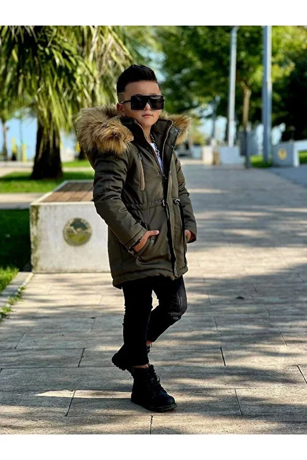 Детское пальто для девочек с капюшоном Fur-Lined coat with detachable hood Tunay Moda, Khaki