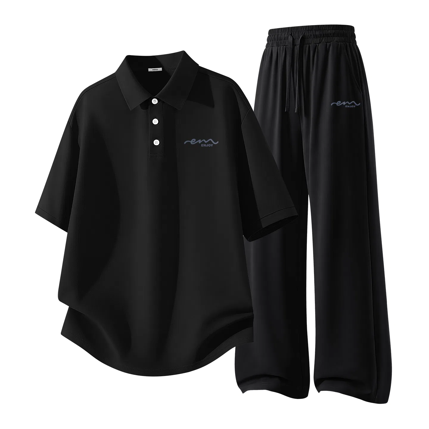 Детский комплект спортивной одежды Мужское/Женское MINISO, Black (Ink Blue Flowing Chest Logo)+Black (Ink Blue Flowing Pants Logo)
