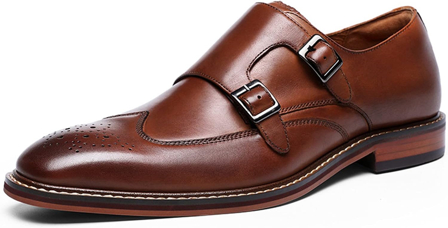 

Мужские туфли WKNBEU, формальные, с двойной пряжкой, кожаные классические модели с ремешком, на скользящей подошве, с крыльями и брогированием, свадебные, повседневные, коричневые, размер US6-6.5 / UK5-5.5 / EU38