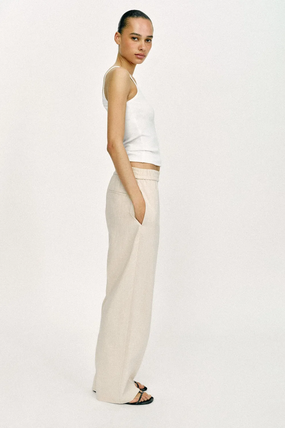 Прямые брюки из льна ZARA, Light Beige — фото 4