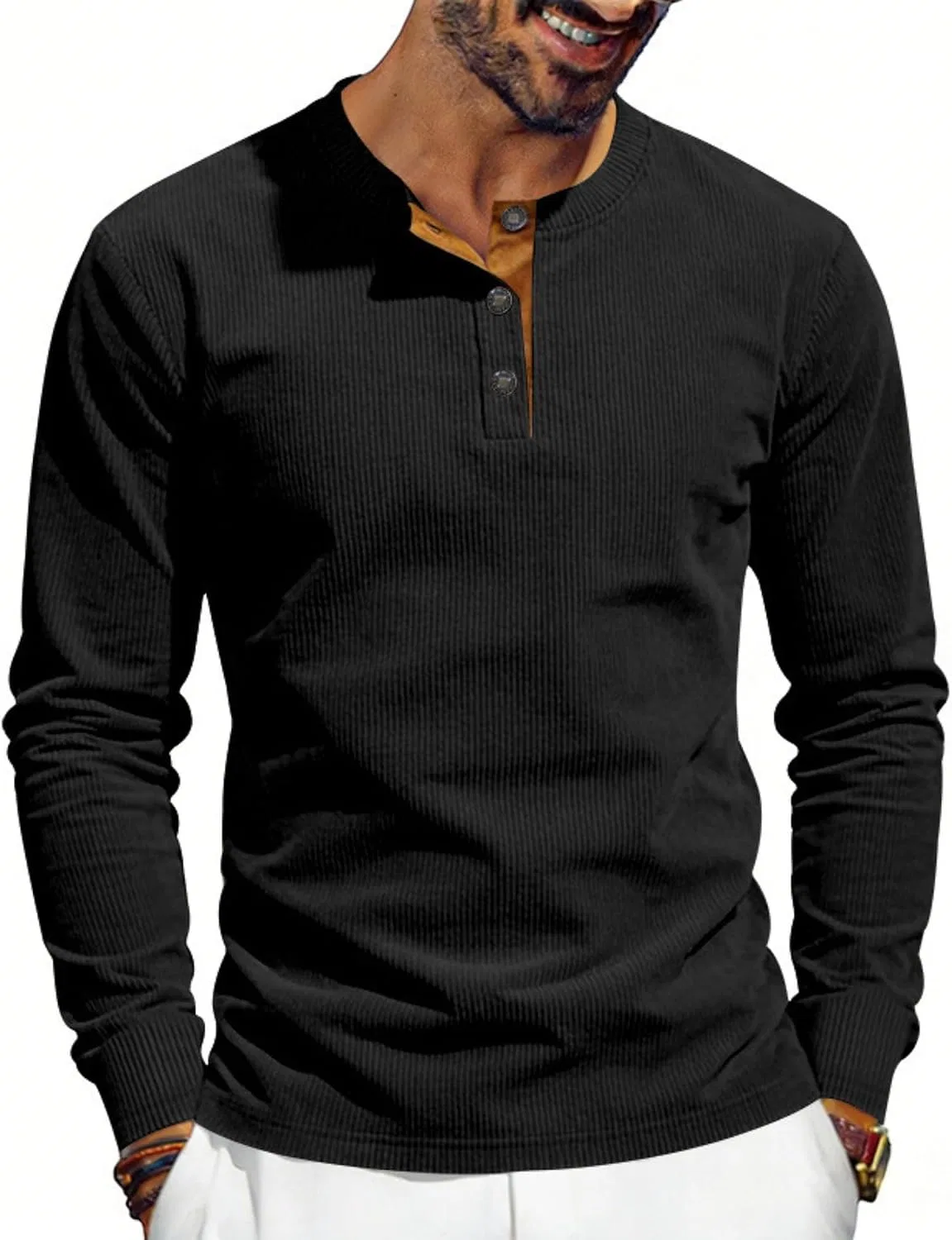Мужская спортивная футболка с длинным рукавом Henley, Black — фото 2