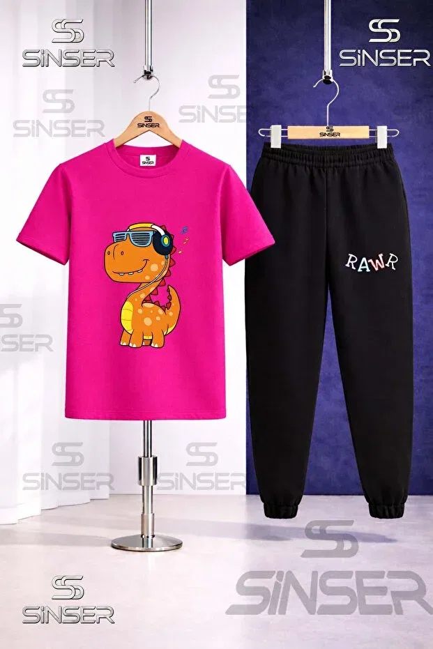 Детский комплект футболки и штанов с принтом Rawr Dino Ss Sinser, Pink - Orange - Yellow — фото 2