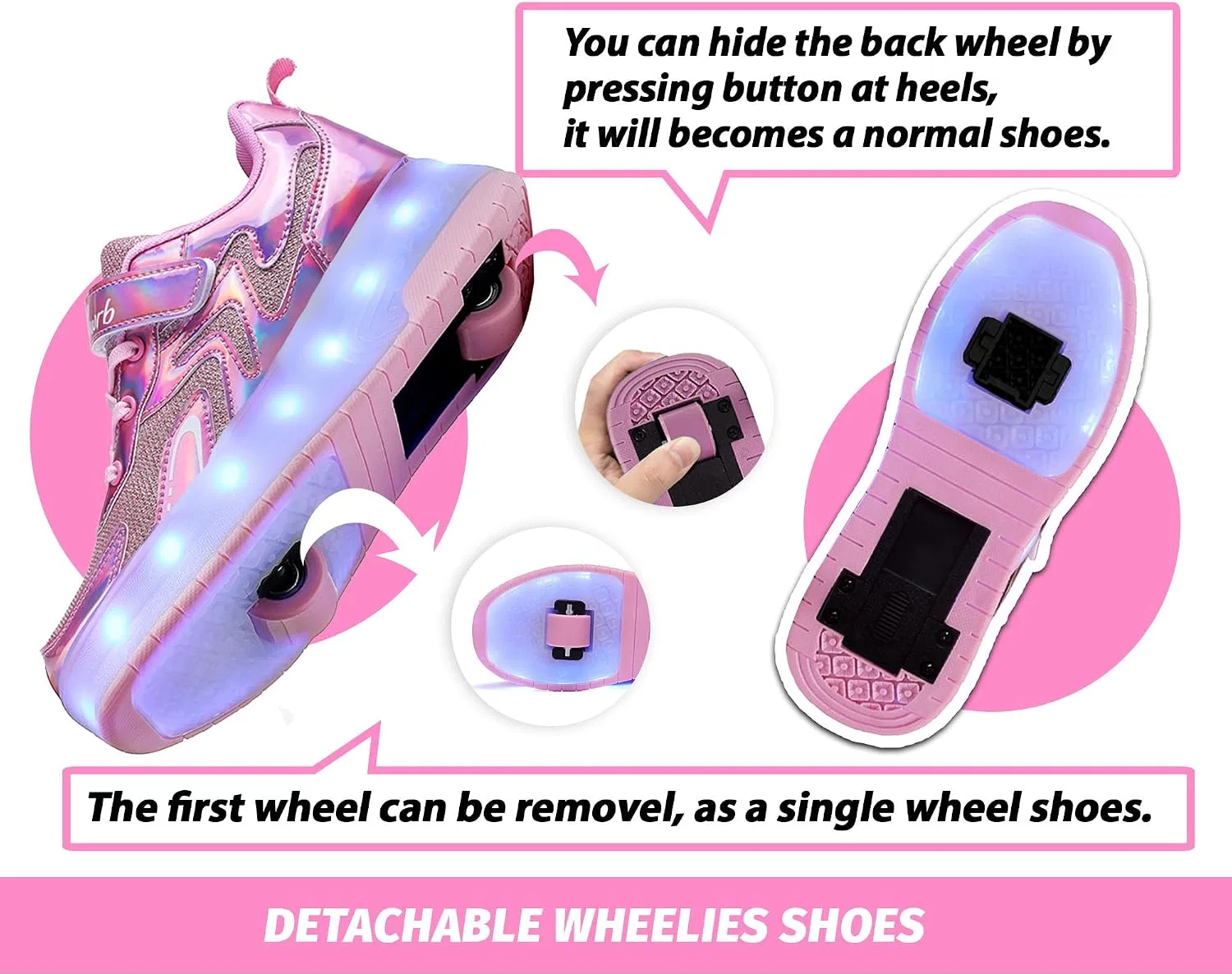 Детские кроссовки-ролики со светящимися колёсами Happy Roller, Pink — фото 4