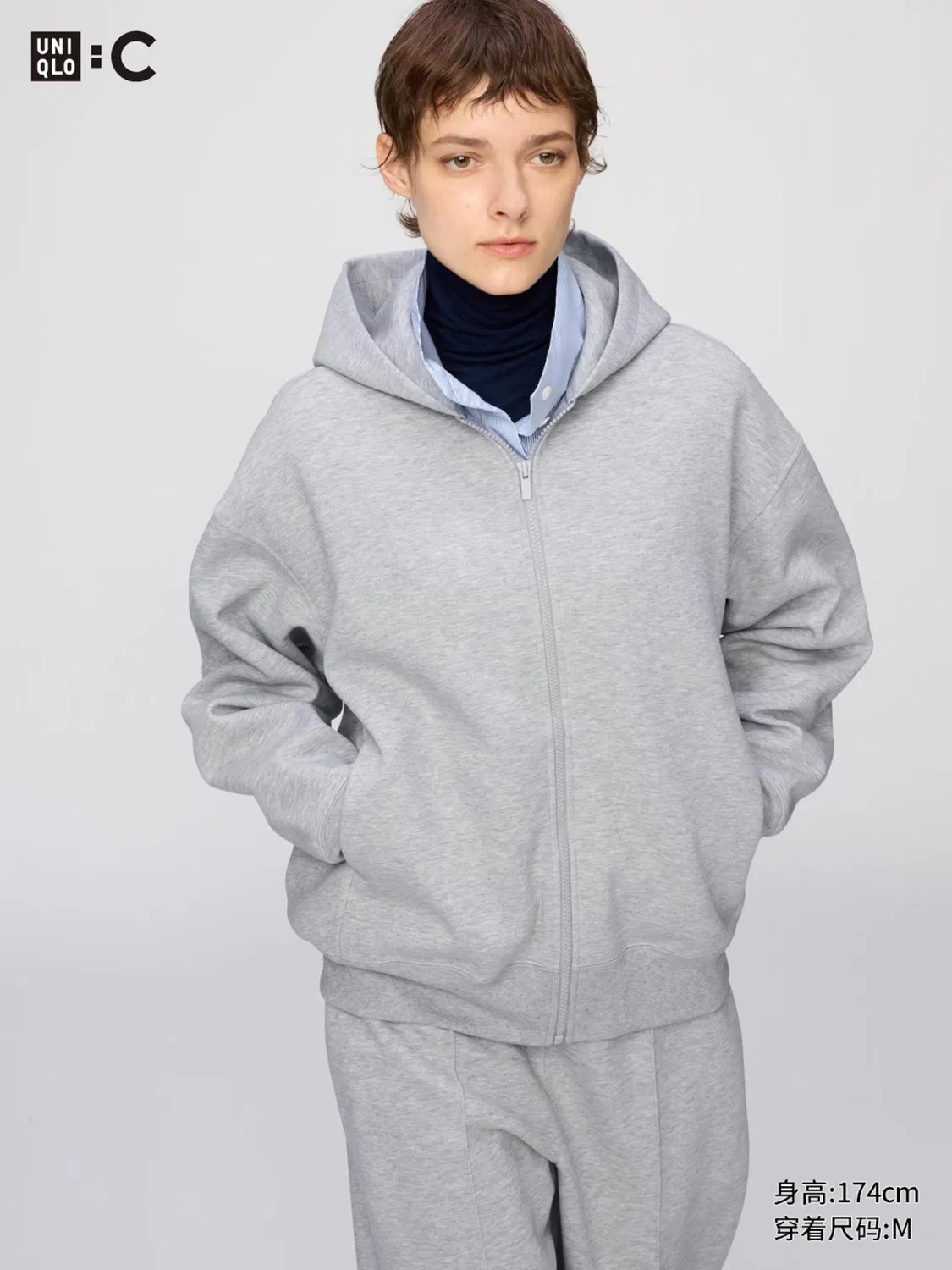 Худи на молнии с длинным рукавом оверсайз Uniqlo, серый — фото 3