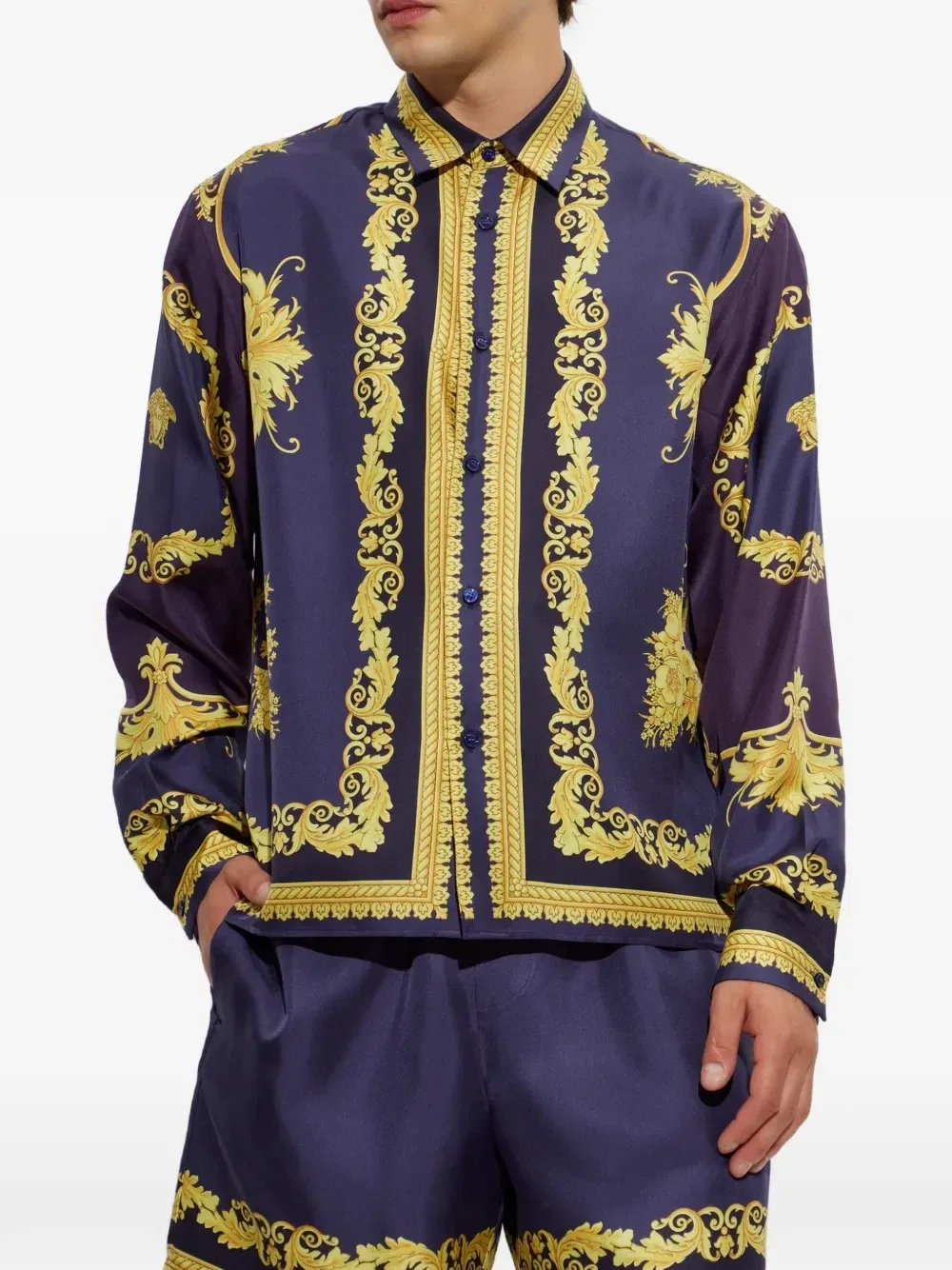 Шелковая рубашка с принтом барокко VERSACE, синий — фото 3