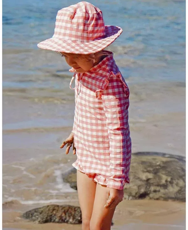 Детский купальник для девочек с длинным рукавом Frilly Long Sleeve Swimsuit Purebaby, Pomegranate Gingham — фото 2