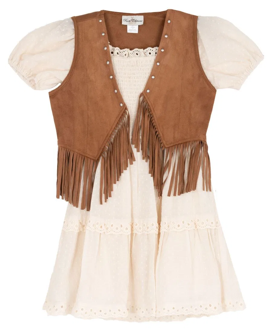 Комплект из платья и жилета с бахромой Clip Dot Cotton Puff Sleeve Dress Rare Editions, Ivory — фото 4