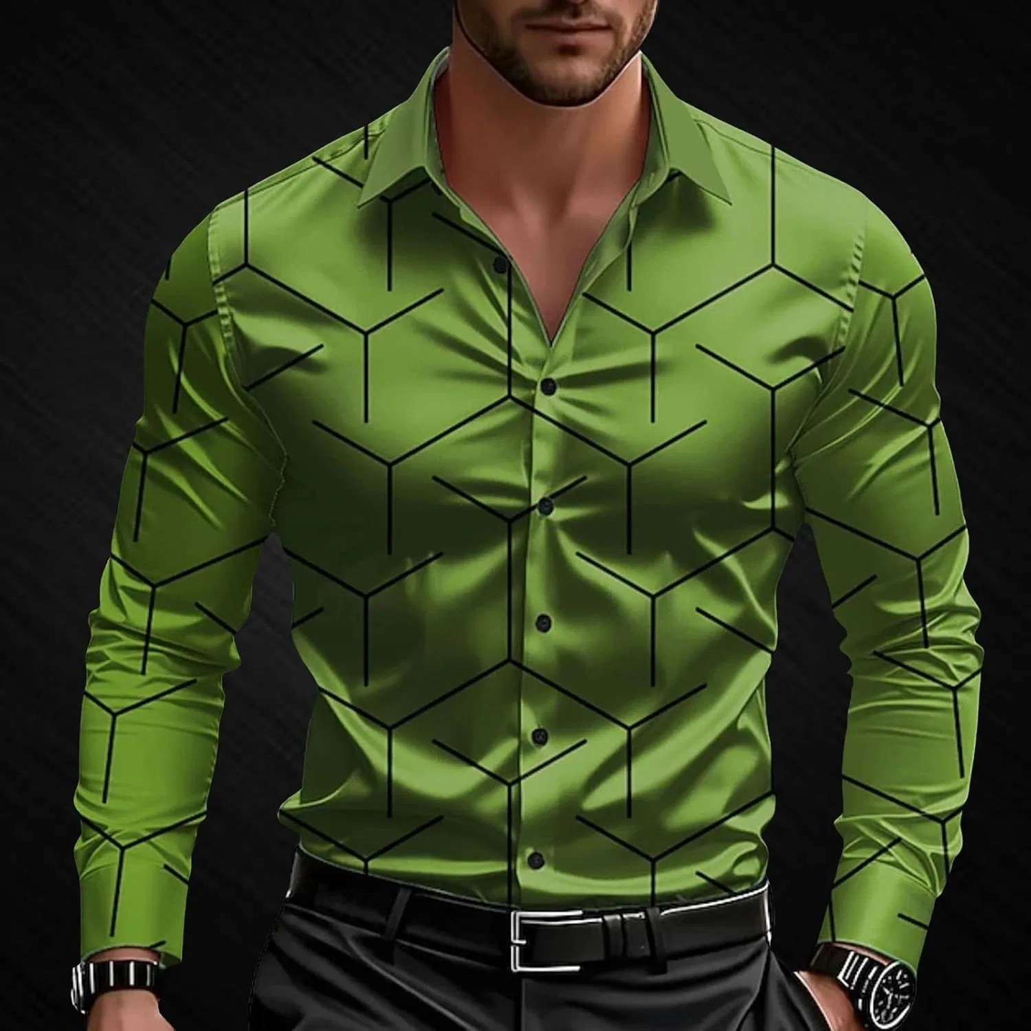 Мужская рубашка с длинным рукавом, Slim Fit, зелёный — фото 2