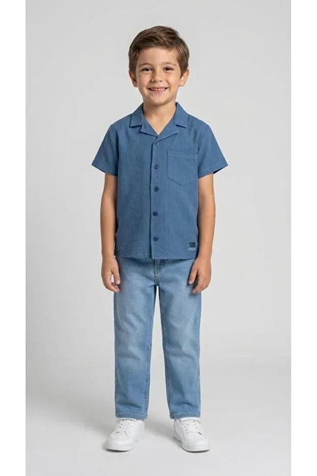 Детская рубашка для мальчиков с коротким рукавом Hawaiian collar natural linen short sleeve boys' shirt Mutlu Kids, Indigo