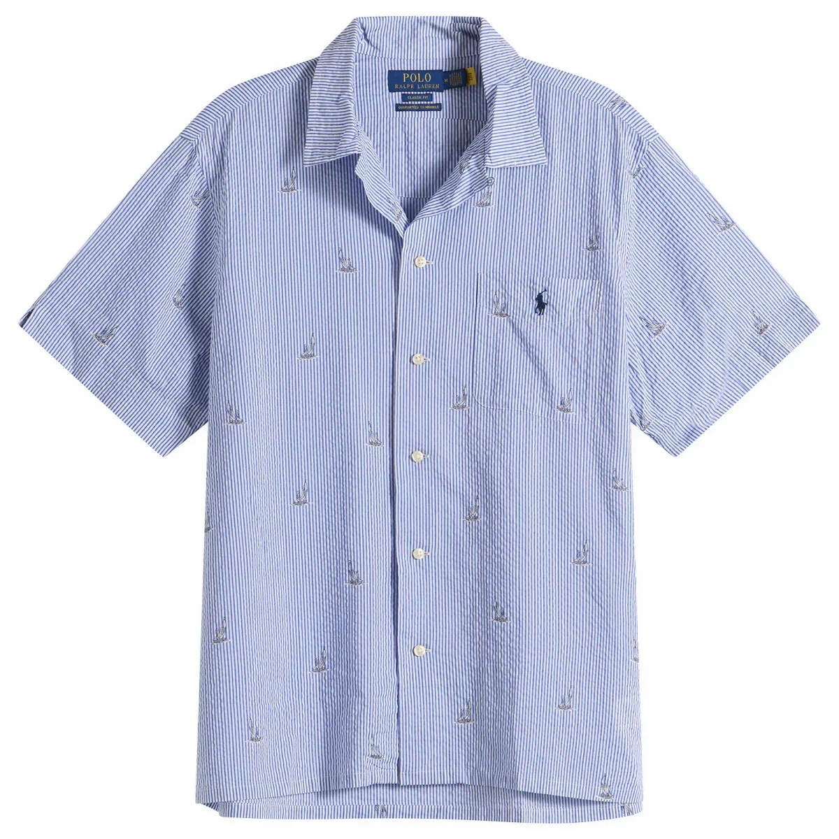Мужская рубашка с коротким рукавом из ситца с принтом парусника Seersucker Sailboat Polo Ralph Lauren, Blue Stripe