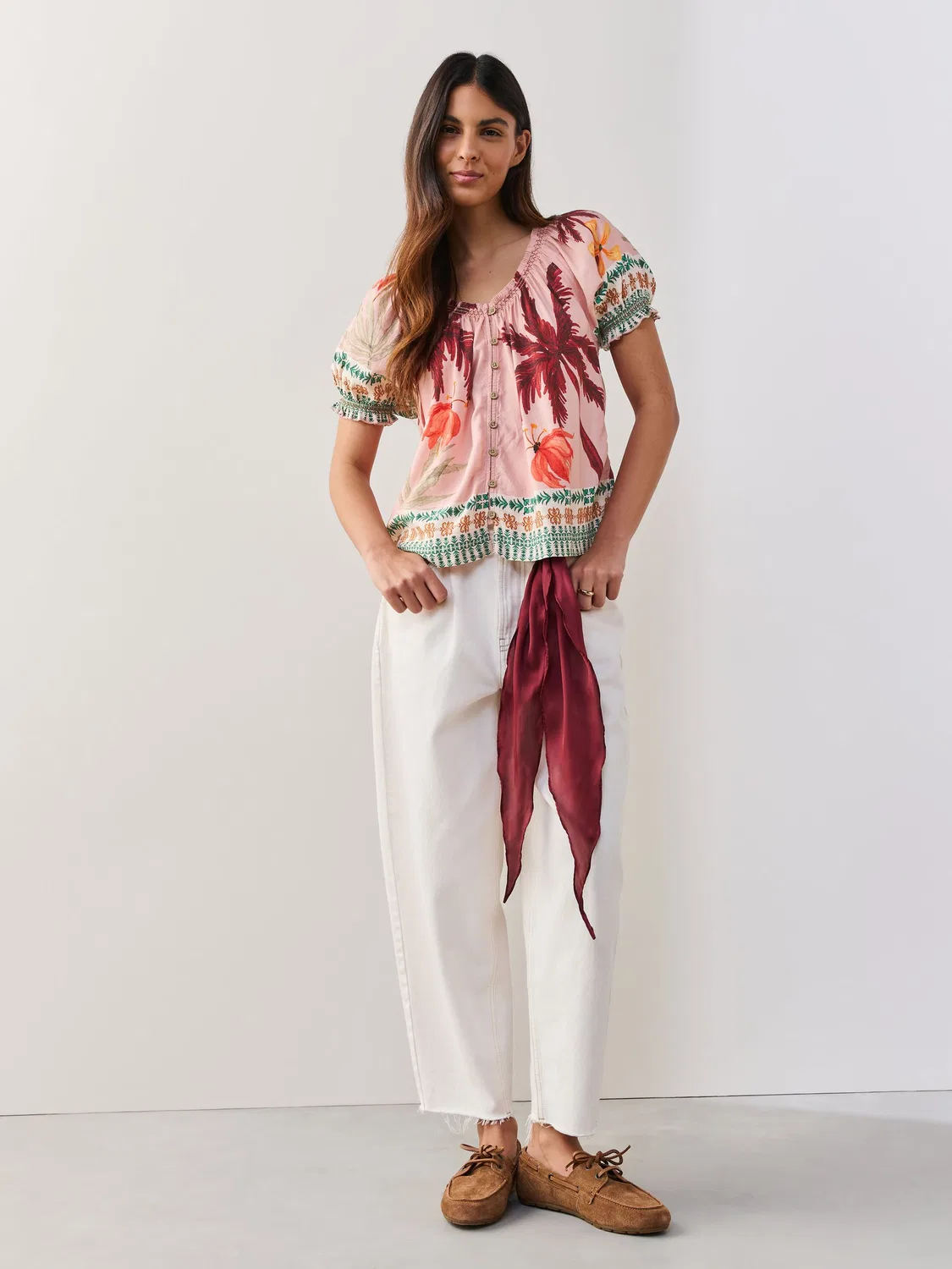 Топ с открытыми плечами и рукавами-фонариками Pink Palm Tree Print Next, розовый принт — фото 2