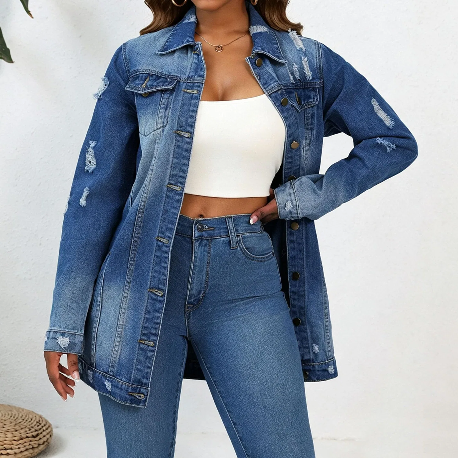 Женская джинсовая куртка оверсайз с потертостями, boyfriend trucker, Blu scuro — фото 2