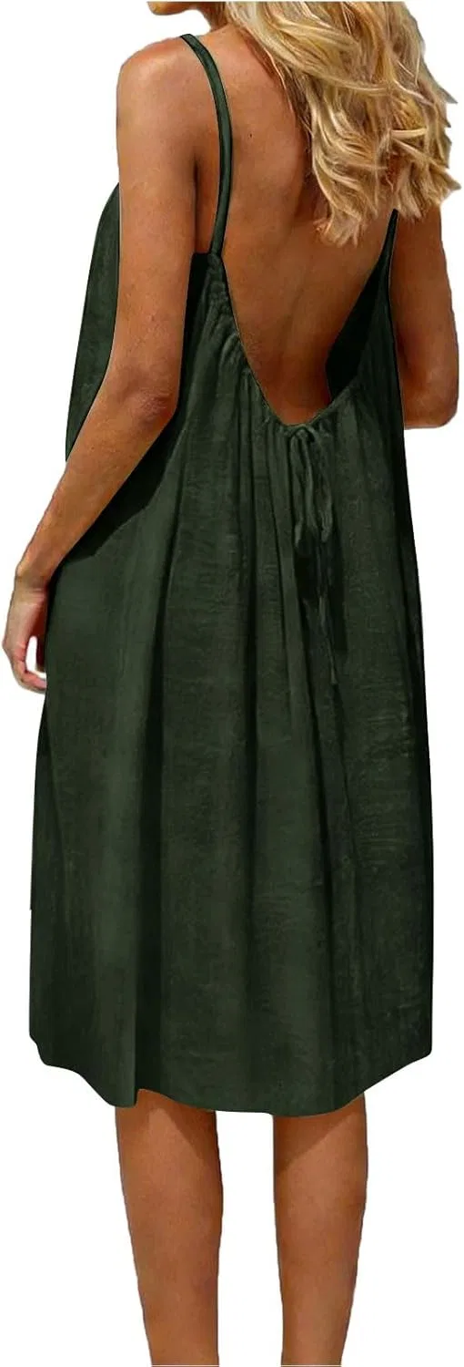Женское пляжное платье-миди без спины с завязкой, Army Green