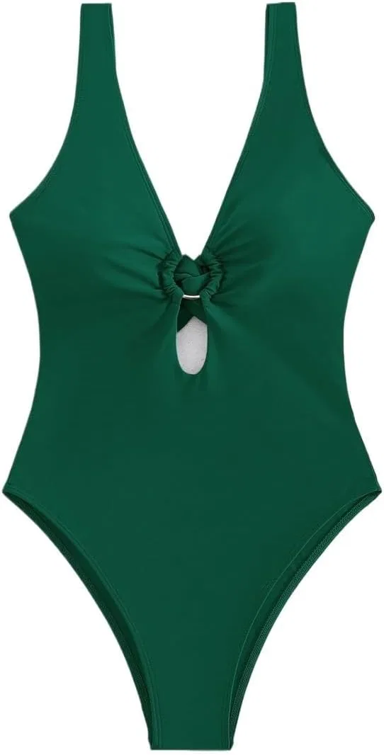 Женский цельный купальник с вырезами и кольцом, высокий плов, Dark Green