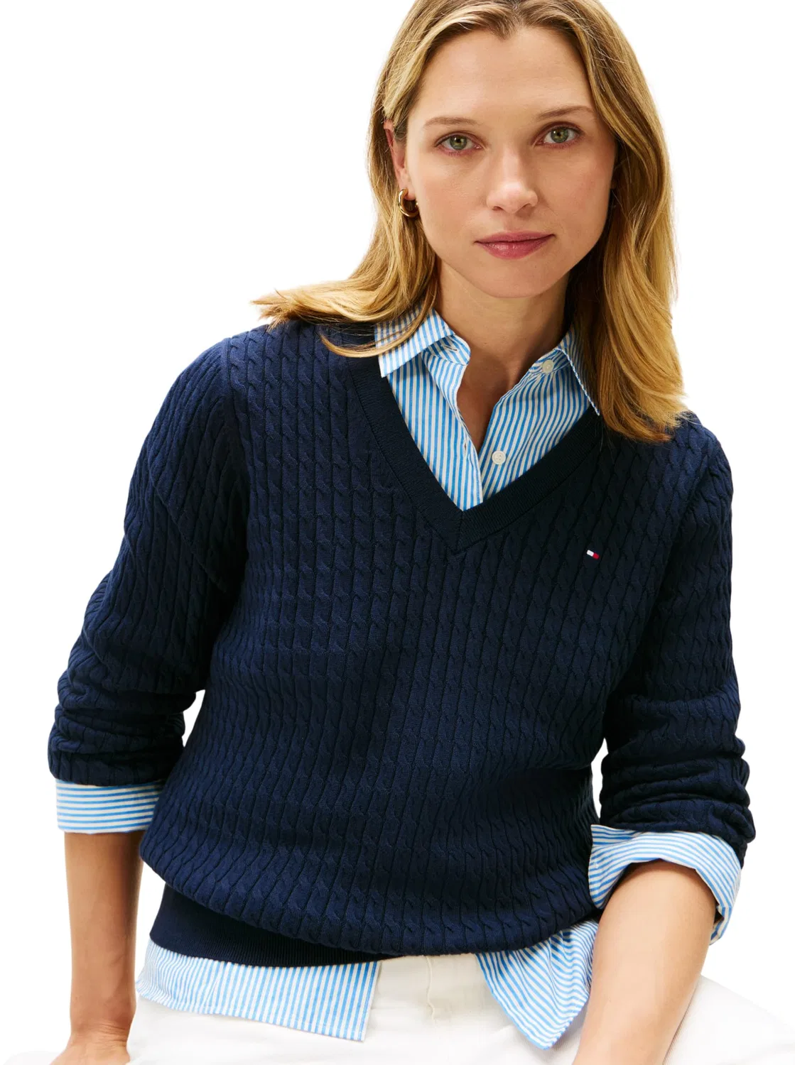 Женский пуловер с V-образным вырезом Co Cable Fine GG Tommy Hilfiger, Dark Night Navy — фото 4