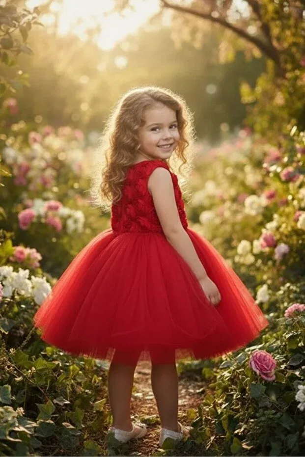 Детское платье для девочек с принтом 3D Rose Embossed Tulle Red Children's Evening Dress Abiyekids, Red — фото 2