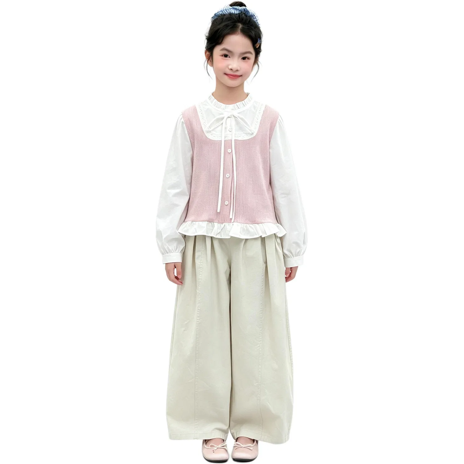 Детский комплект из футболки и утепленных брюк MADALLO, Pink Patchwork Shirt & Beige Gray Washed Insulated Pants