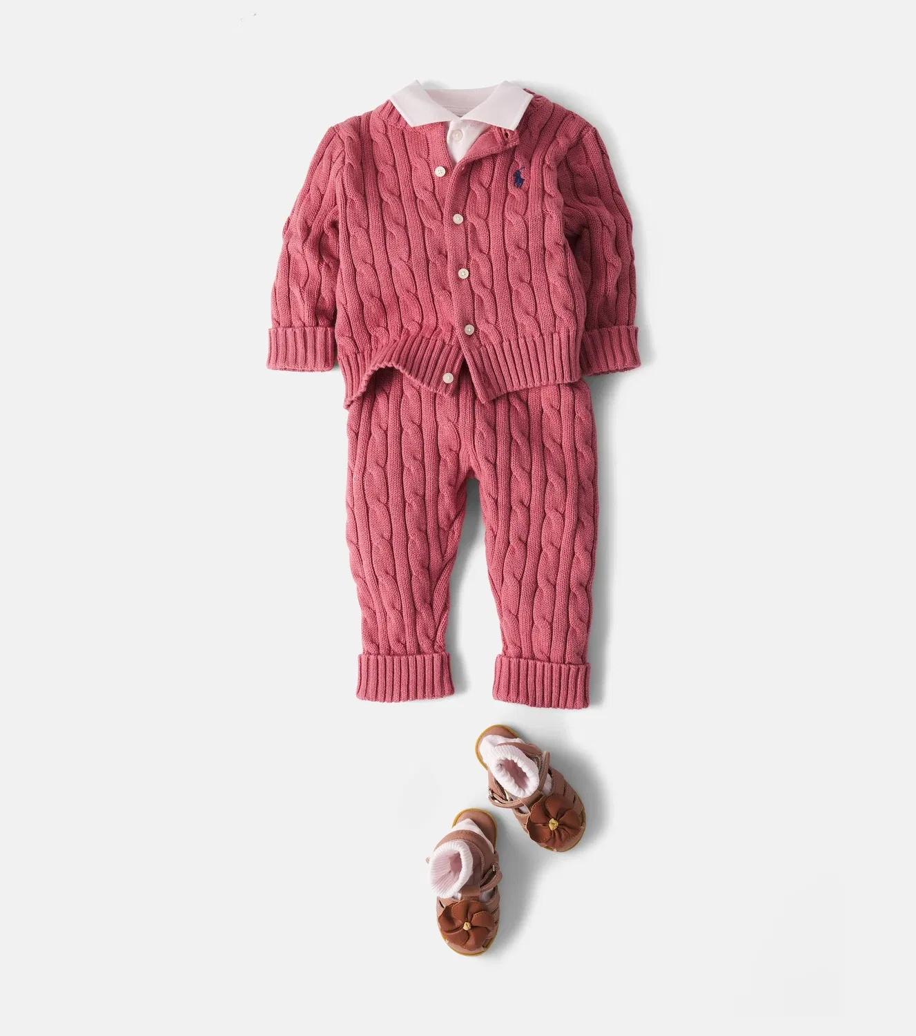 Комплект из хлопкового кардигана и брюк Polo Ralph Lauren Kids, розовый — фото 2