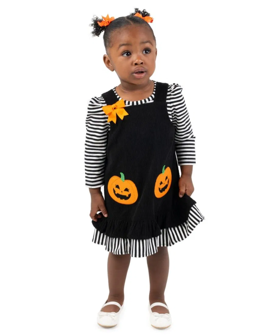Комплект из топа с длинным рукавом и сарафана с аппликацией тыквы, Pumpkin Applique Rare Editions, Black