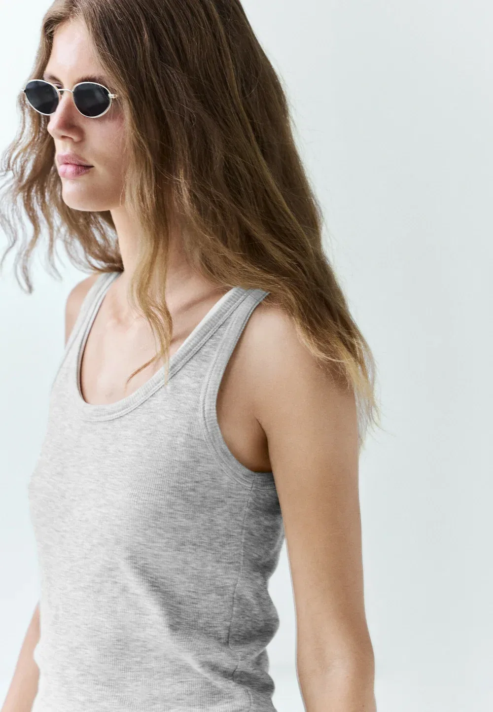 100% хлопковый ребристая двухслойная футболка - топ Massimo Dutti, Grey — фото 3