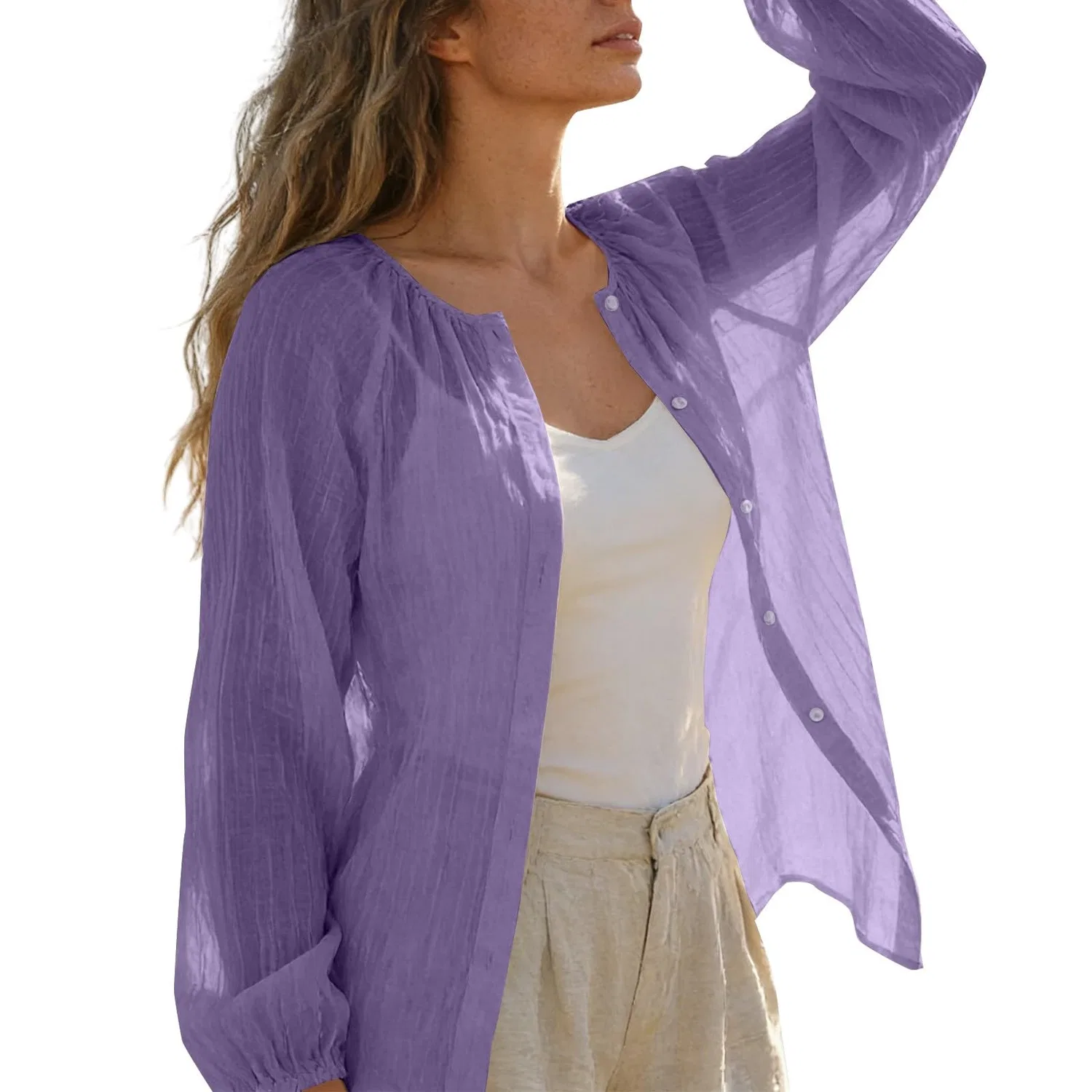 Женская блузка из хлопка и льна с длинным рукавом, Purple — фото 2