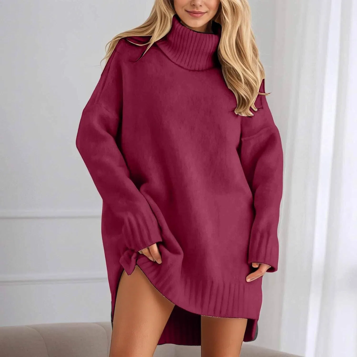 Женское платье-свитер с водолазкой Casual, Red — фото 2
