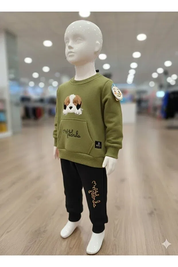 Детский комплект спортивного костюма для мальчиков с принтом Dog Embroidered Kangaroo Pocket Jasminya, Khaki — фото 2