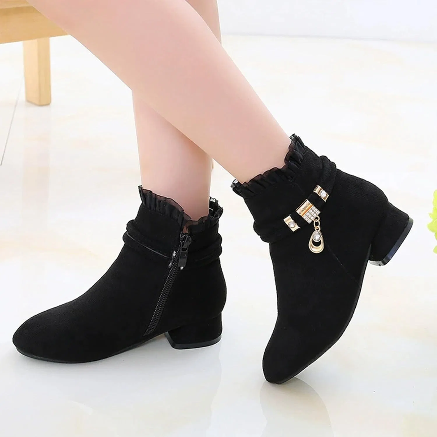 Детские ботинки для девочек с боковой молнией, черные, Western Short Boots, Black — фото 2