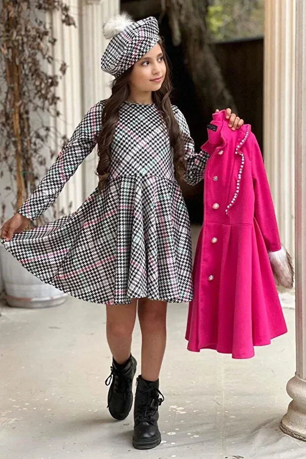 Детское пальто для девочек с принтом Houndstooth Pattern Basics Riccotarz, Fuchsia — фото 2