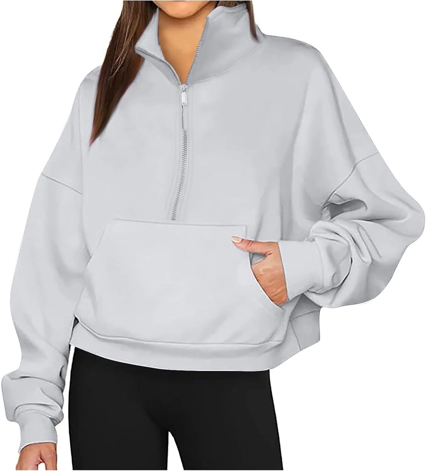 Женский свитшот с полузастежкой-молнией, с длинным рукавом, модель Quarter Zip, светло-серый