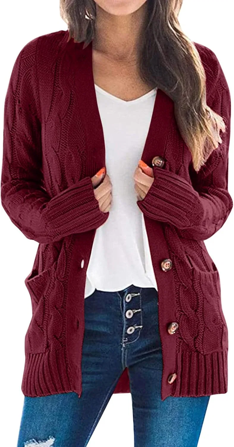 Женский кардиган с пуговицами, с длинным рукавом, Cable Knit, винный