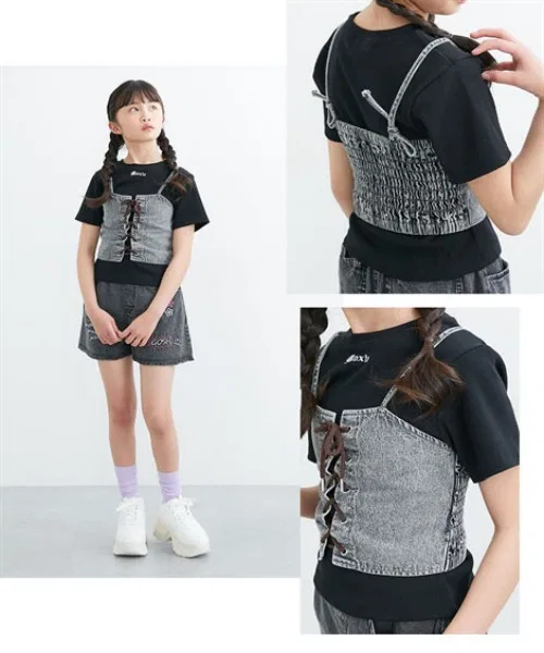 Детский комплект для девочек с принтом Лейси Ап Деним Бьюти T-Shirt QUNTSTYLE, Grey — фото 3