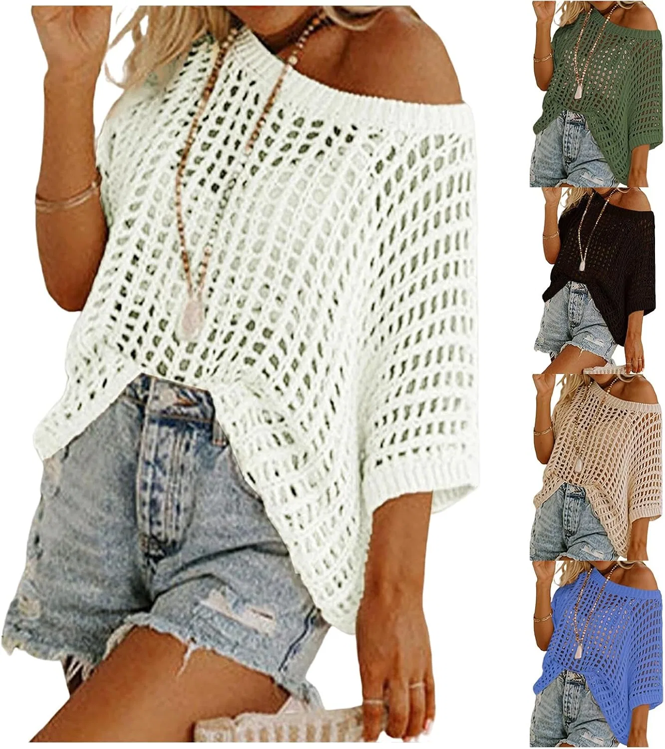 Женский пляжный топ-накидка с вязаным кружевом, Oversized, White — фото 3