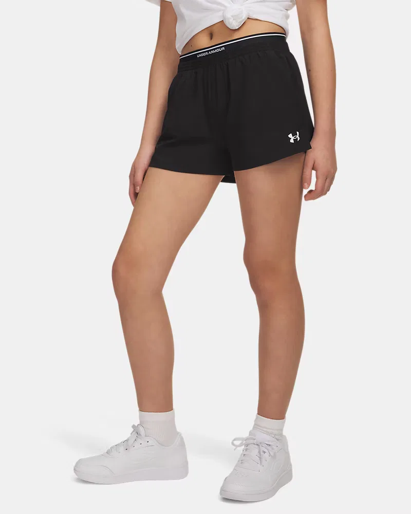 Шорты детские для девочек, внутренний шов 6,4 см, быстросохнущие UA Vanish Woven UnderArmour, Black/White