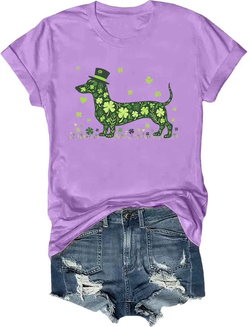 Футболка с принтом таксы St. Patrick's Day, Light Purple