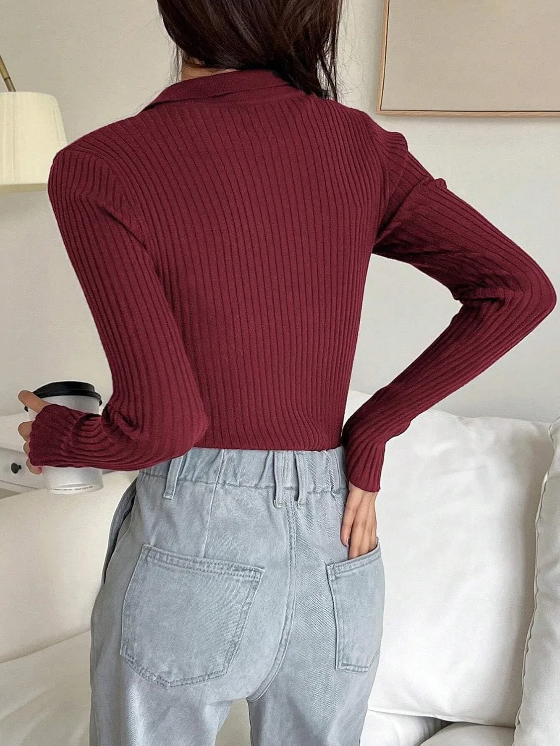 Женский свитер свободного кроя с длинным рукавом, Ribbed Crew Neck, красный — фото 2