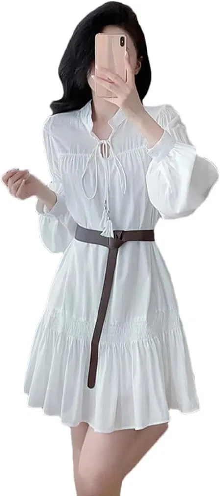 Женское платье с поясом свободного кроя Korean Style, White
