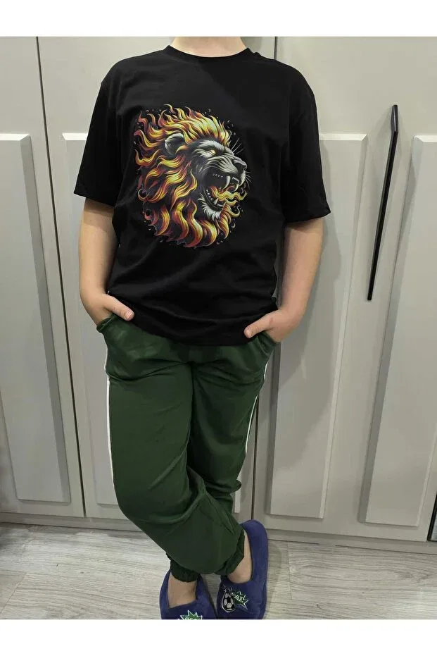 Детский спортивный костюм для мальчиков с принтом Flame Lion Pidal Giyim, Top Black, Bottom Green