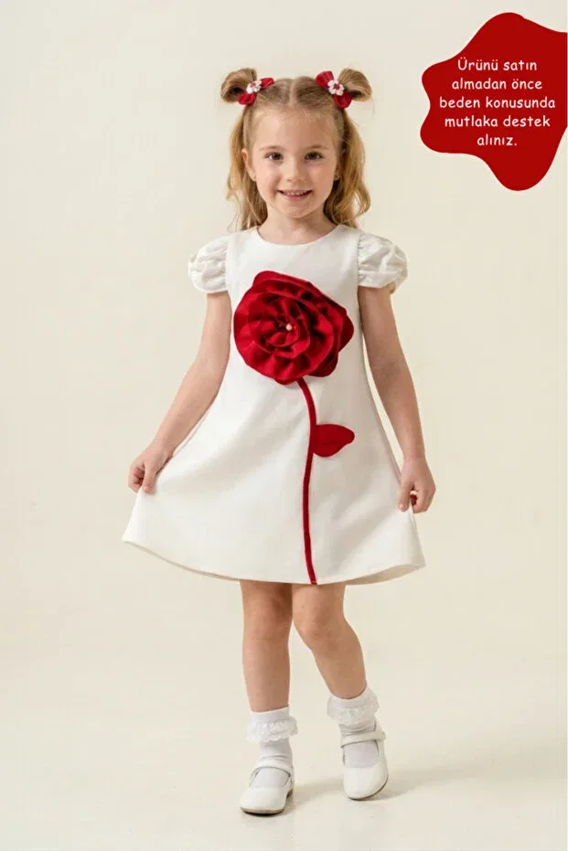 Детское платье для девочек с коротким рукавом Rose Detailed Eray Kids, White