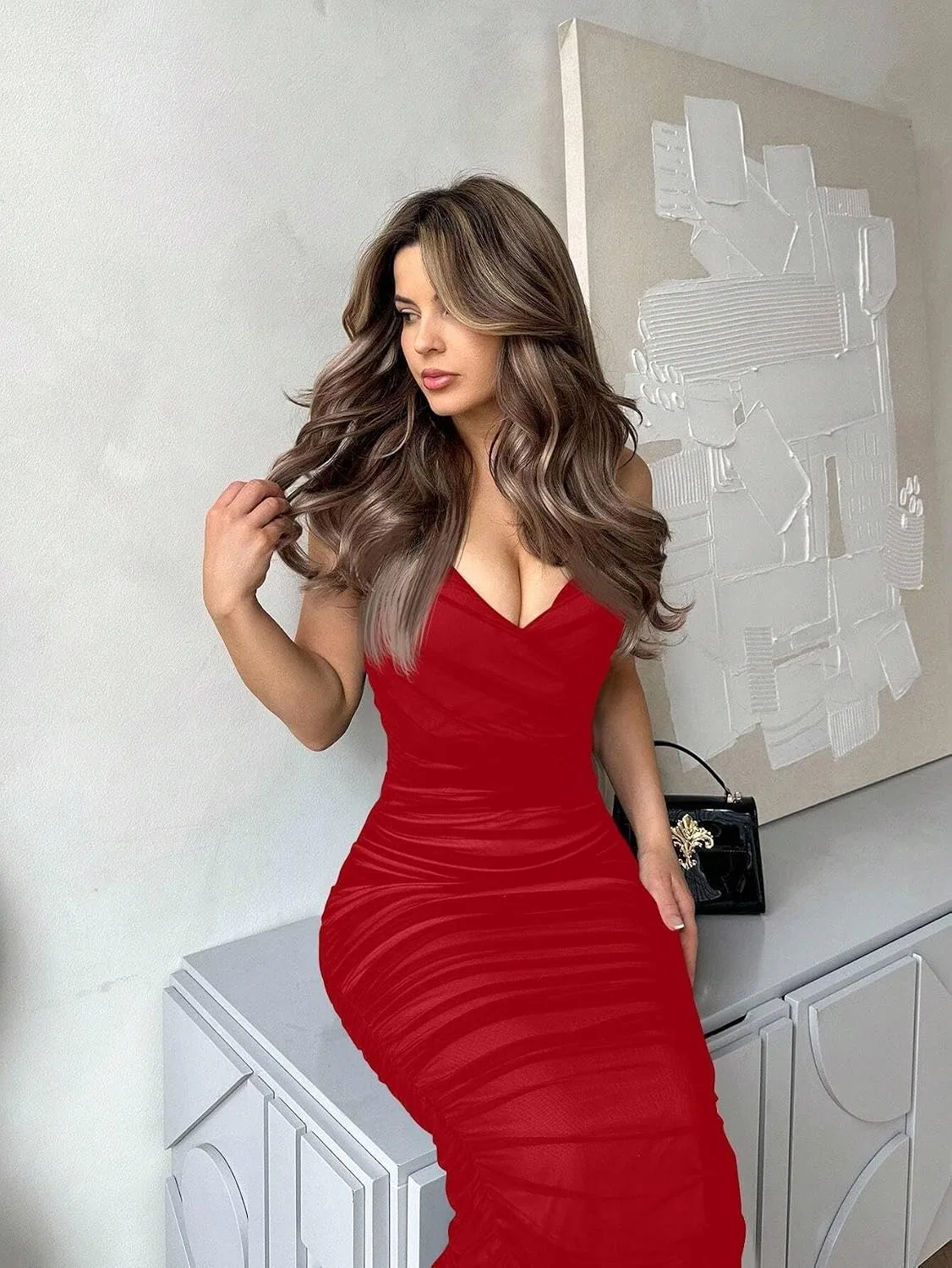 Женское миди-платье с глубоким V-вырезом Casual, Red — фото 2