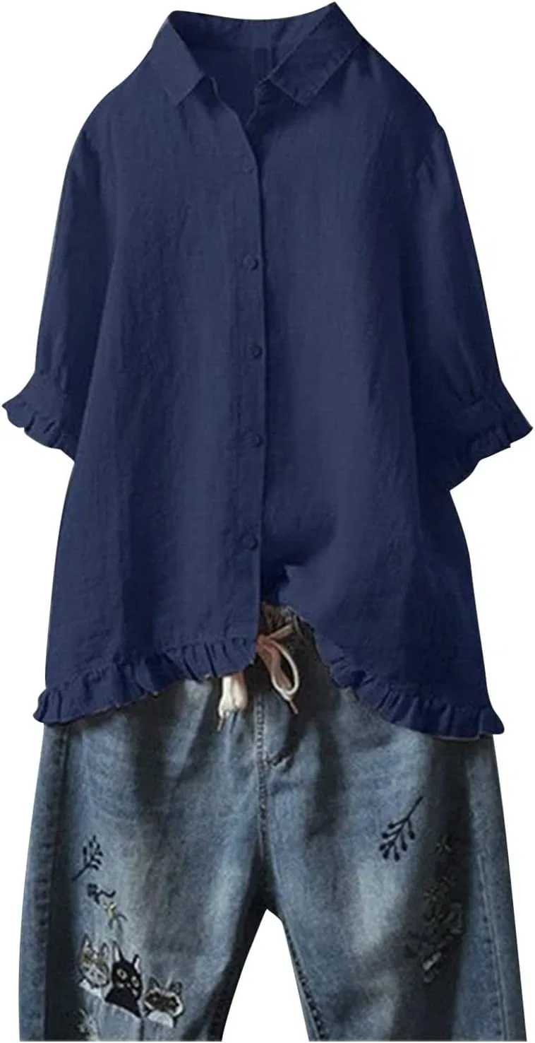 Женская льняная блуза с рукавом 3/4, Oversized, Western, тёмно-синий — фото 2