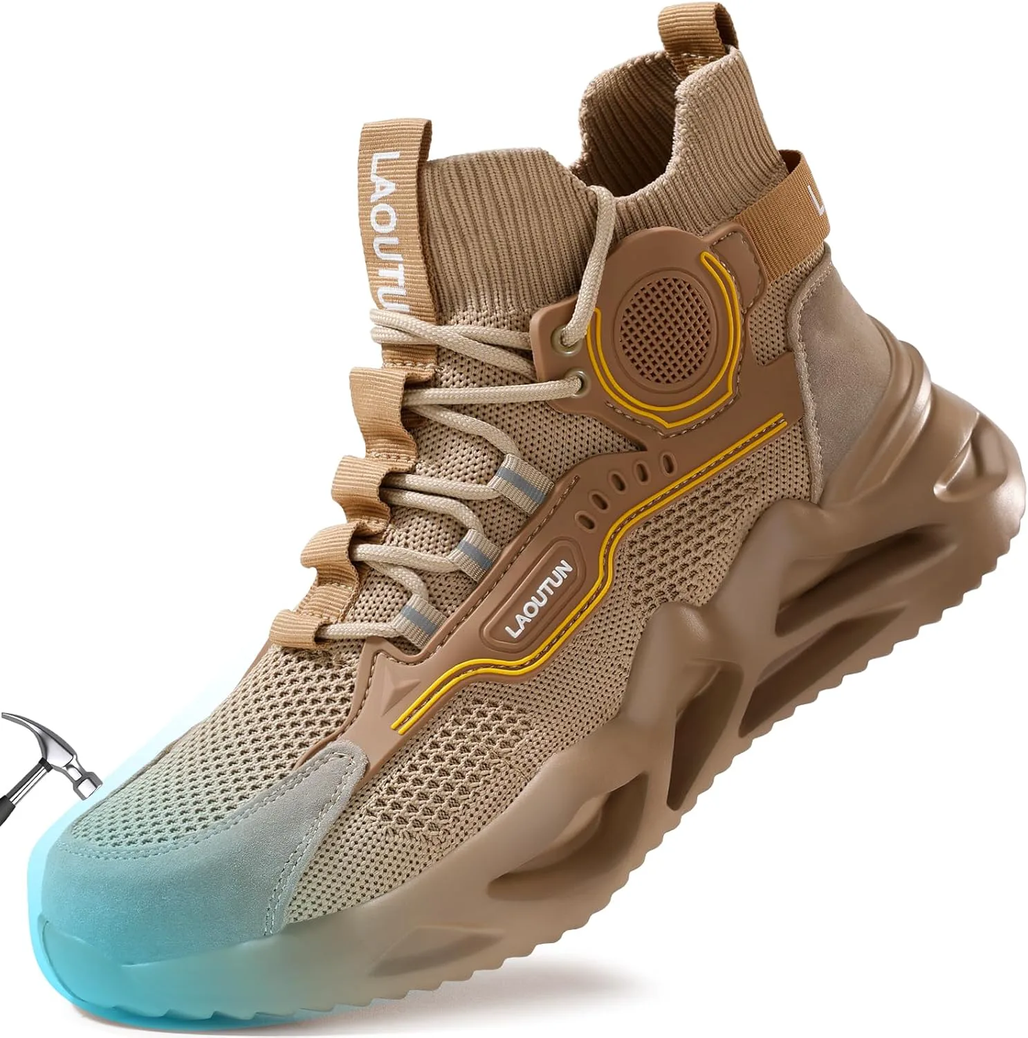 

Мужские рабочие ботинки LAoutun с металлическим носком, безопасные кроссовки, комфортные, легкие, стойкие к проколам, без шнурков, неразрушимые строительные рабочие ботинки, коричневый
