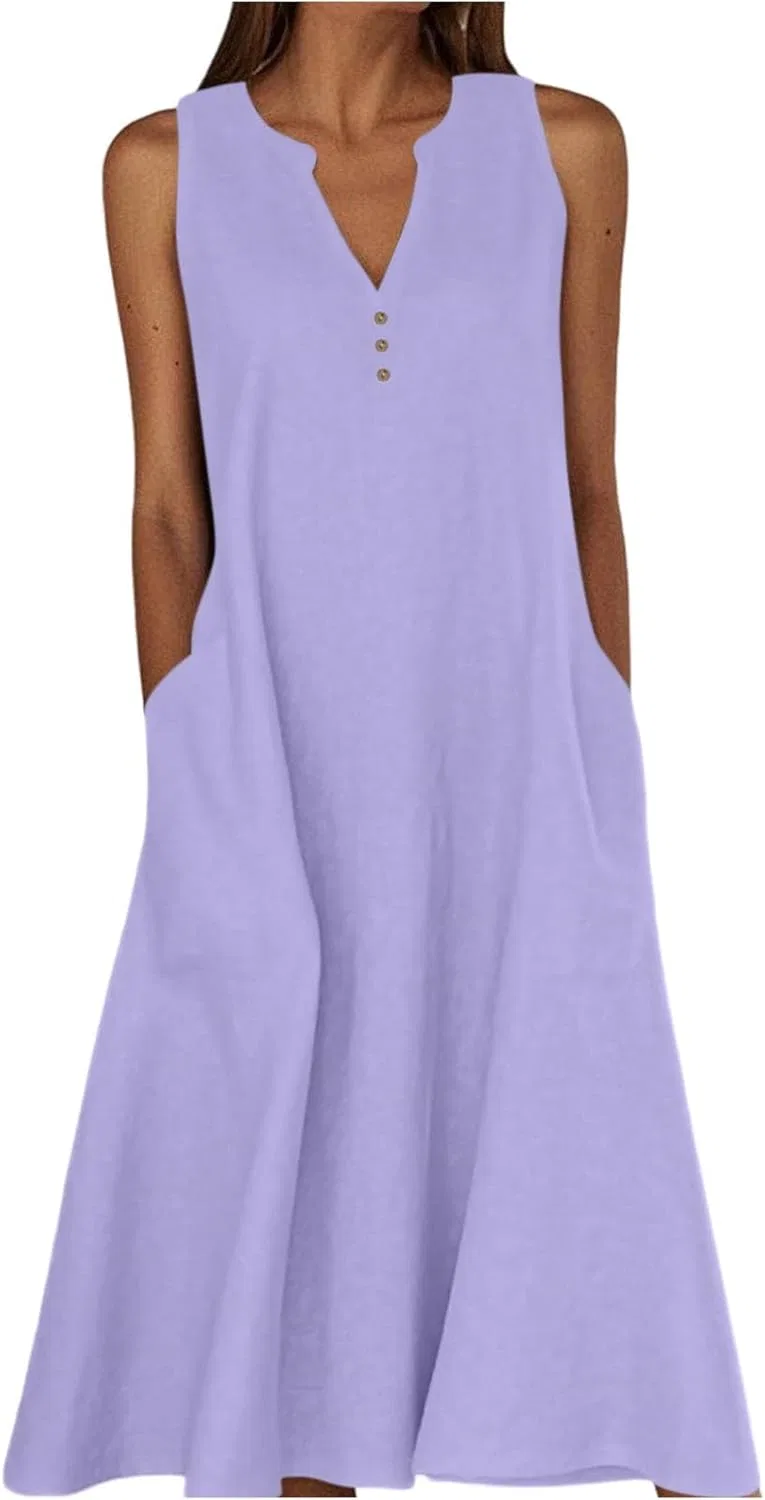Женское льняное макси-платье sleeveless V-Neck, Purple