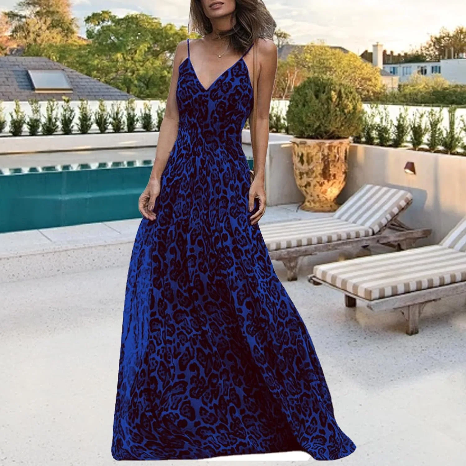 Женское летнее макси-платье с V-образным вырезом, Leopard Print, Blue — фото 2