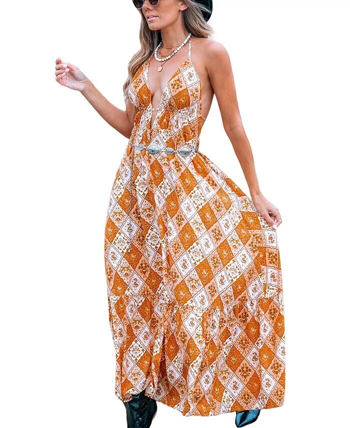 

Женское ярко-оранжевое пляжное платье макси без рукавов в стиле бохо с глубоким вырезом CUPSHE, оранжевый