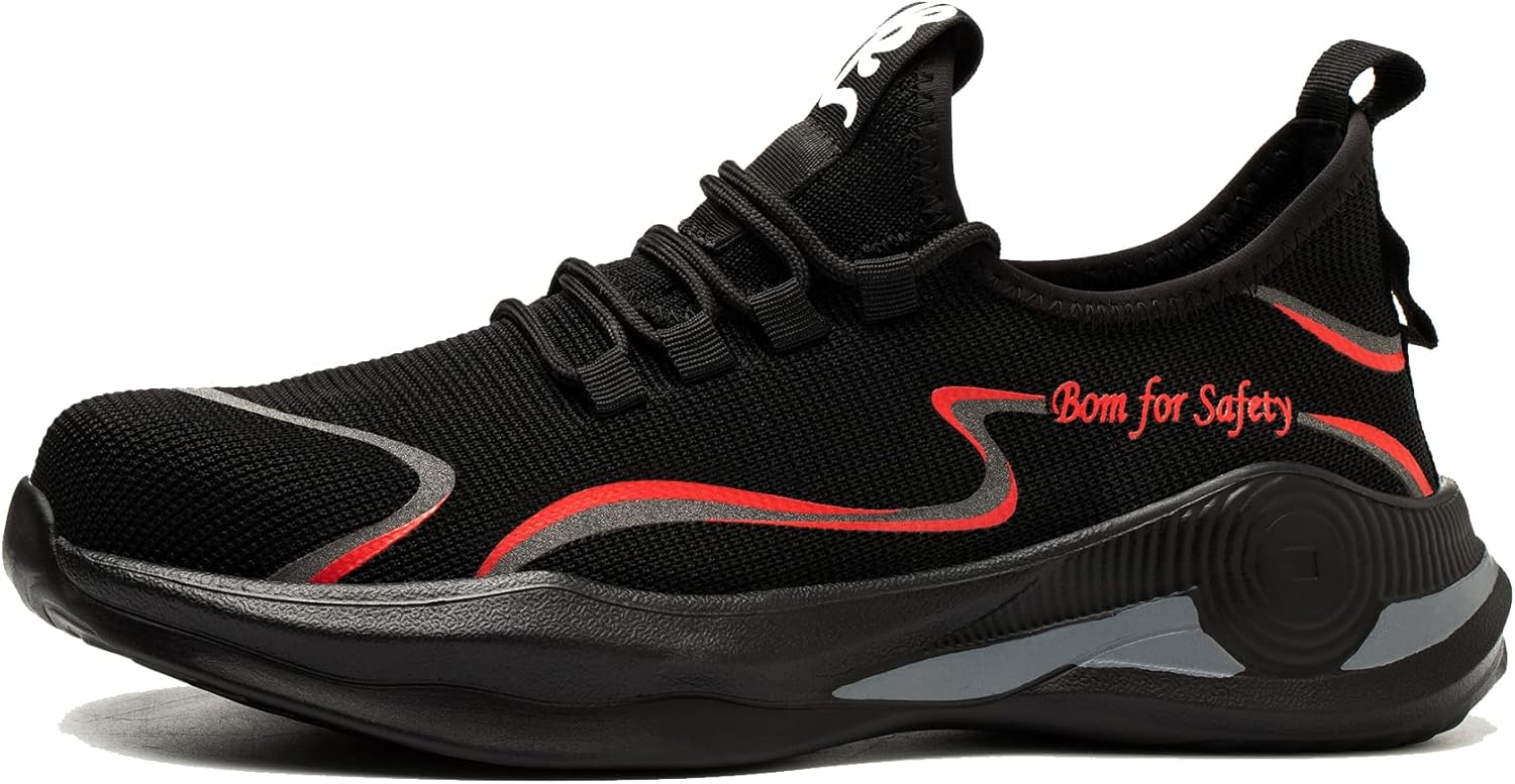 

Ботинки Kezhiho с металлическим носком для мужчин, легкие, удобные, противоскользящие, стойкие к проколам, безопасные, дышащие, прочные строительные и промышленные кроссовки, черный/красный