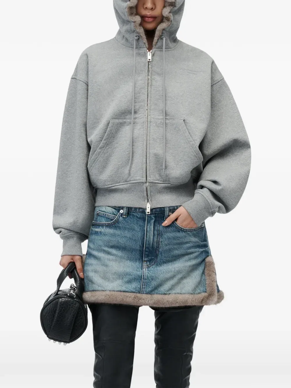 Худи на молнии с капюшоном из искусственного меха Alexander Wang, серый — фото 4
