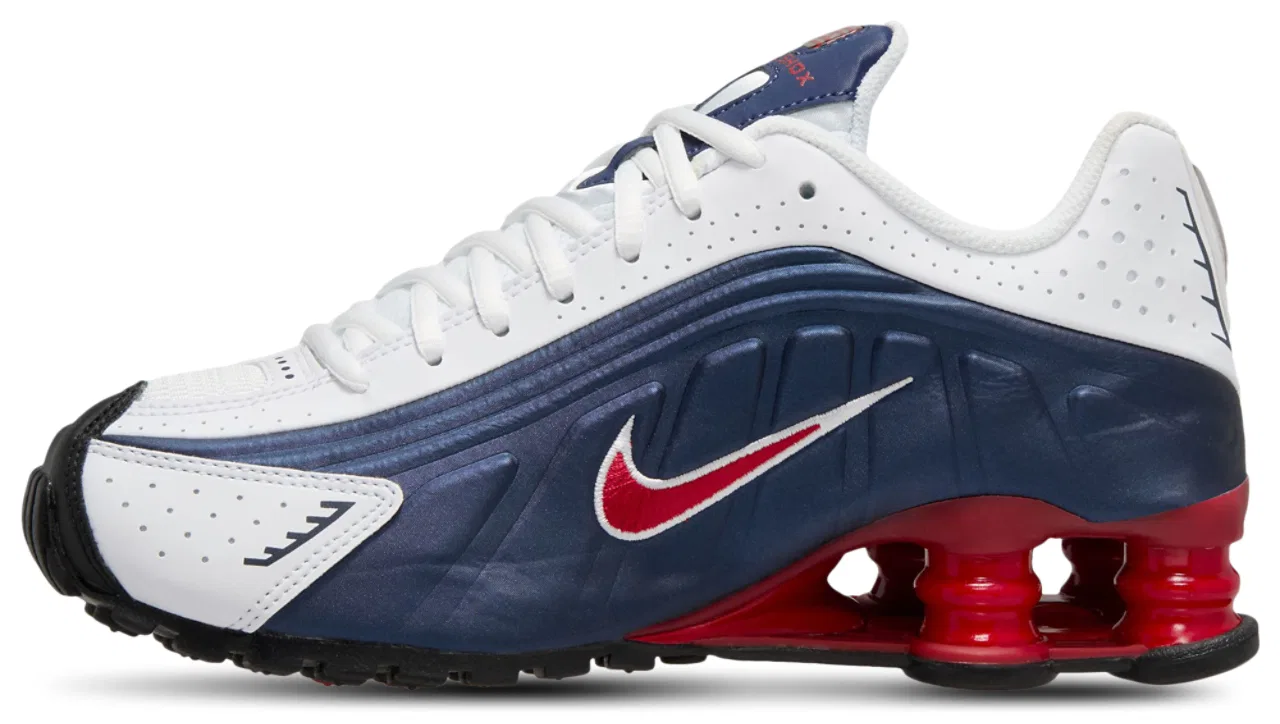 Детские кроссовки для мальчиков с пружинящей амортизацией Nike Shox R4, Midnight Navy/White/Gym Red — фото 2