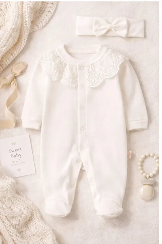 Детский комплект боди-комбинезонов с цветочным принтом Bamoola, White Lace — фото 4